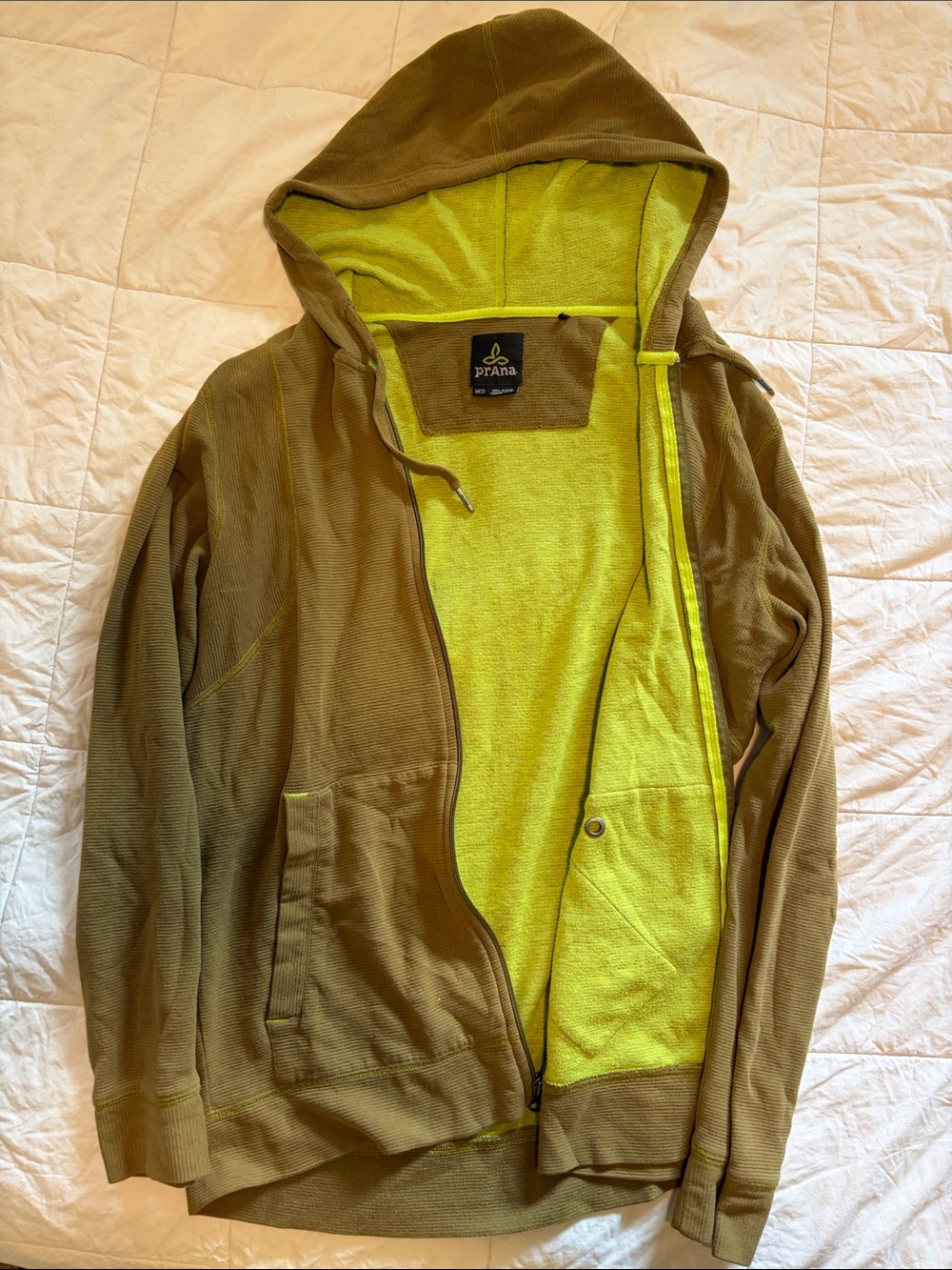 Prana Olive Zip Hoodie with Neon Lime Interior